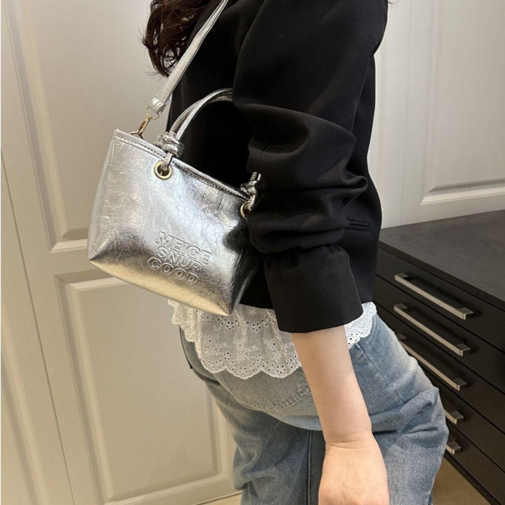 Crossbody Bag Small Basket Bag Tote Bag Women's Shoulder Bag Fashionable Silver  PU Bag  Women