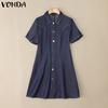 VONDA Women Elegant Short Sleeve Stitching Buttons Up Casual Mini Dress