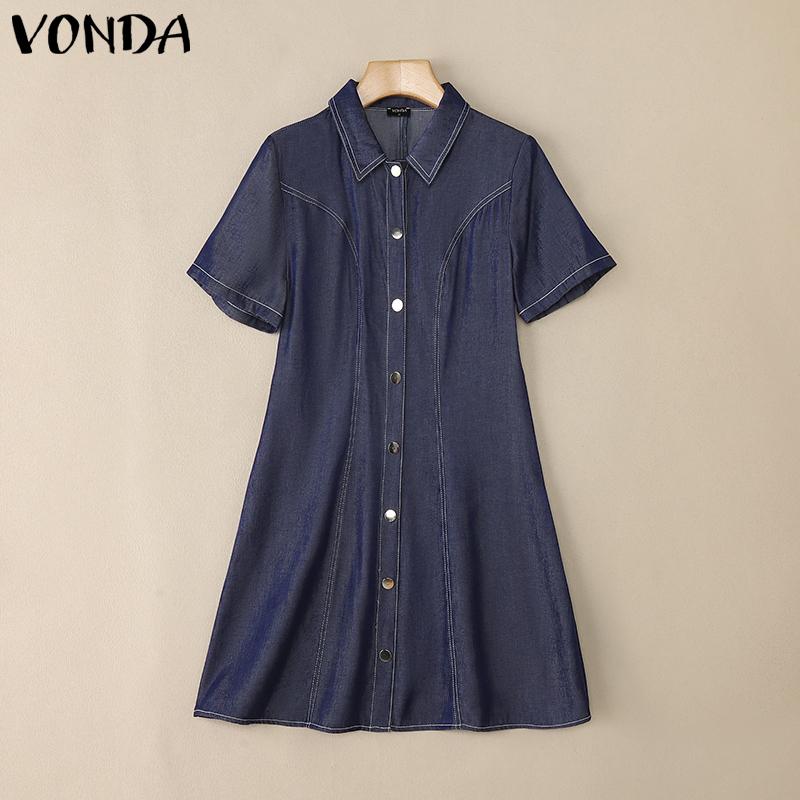 VONDA Women Elegant Short Sleeve Stitching Buttons Up Casual Mini Dress