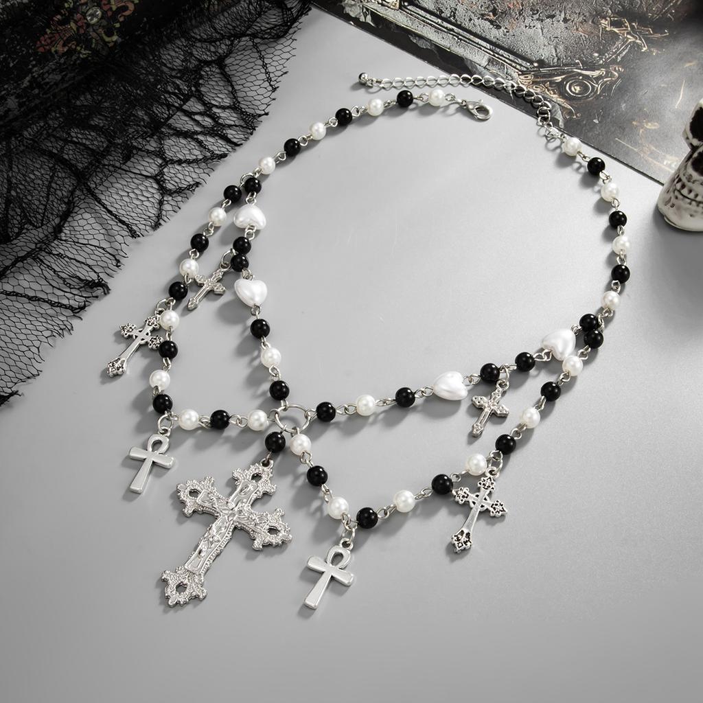 Punk Gothic Cross Pendant Necklace, Sweet And Cool Style Stacked With Mixed Color Beaded Collarbone Chain.