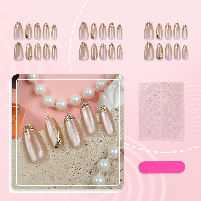 Set of 30 Almond-Shaped Cat-Eye Press-On Nails with Gilded Edges – High-End, Light Luxury Style, In Stock.