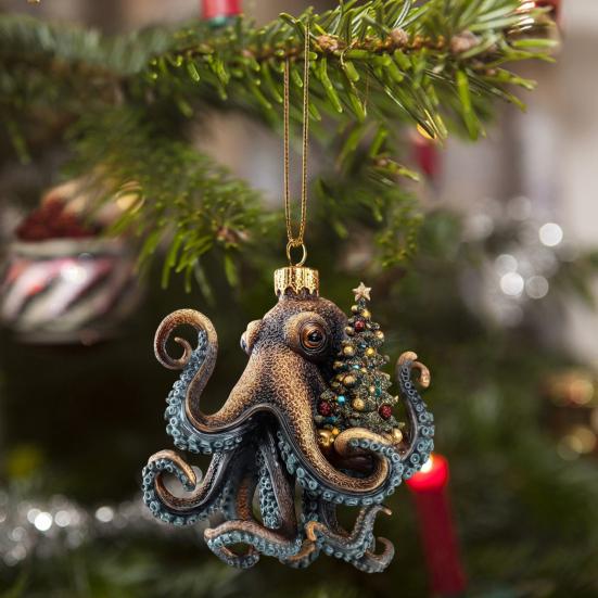 Christmas Octopus Ornament Coastal Holiday Hanging Decoration 2D Acrylic Deep Sea Xmas Tree Ornament Nautical Gift for Ocean Lovers