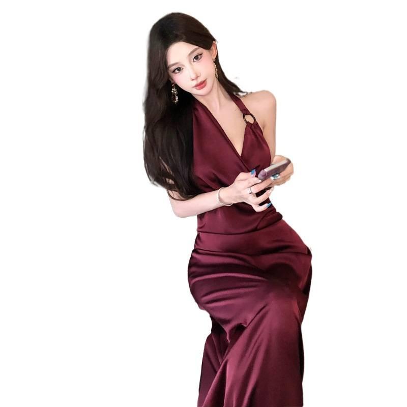 French High-end Satin Neck Skirt Women's Summer Temperament Backless Purple Long Skirt Annual Meeting Dress Skirt