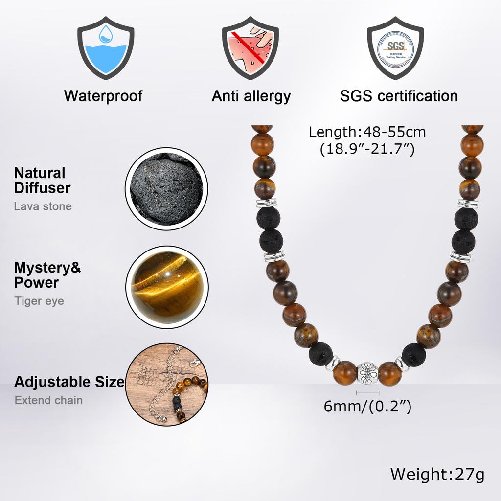 Tiger Eye Stone Beads Necklace for Men Boys,Casual Black Brown Beaded Collar,Summer Beach Jewelry Gifts