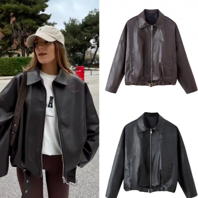 Cross-border European and American women's fashion 2026 trending American vintage leather jackets with belts and long-sleeve jackets