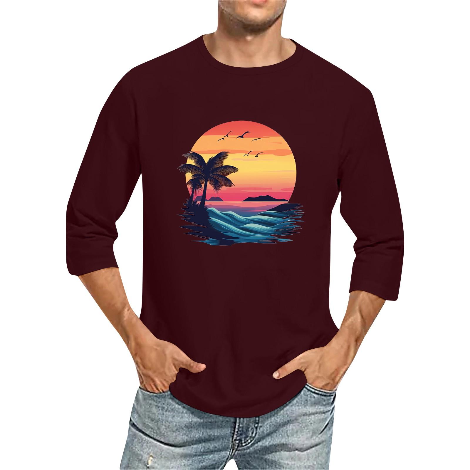 

Мужская однотонная футболка с круглым вырезом и рукавами три четверти M винный