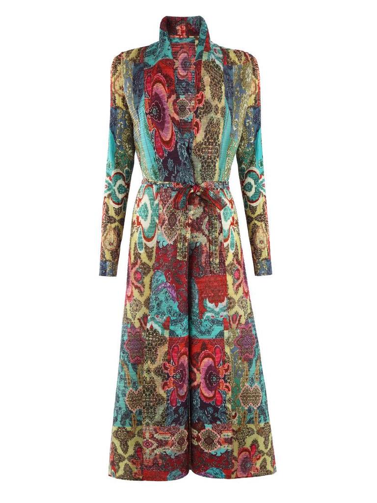 Pleated Printed Long Trench Coat for Women - 2025 Spring Lapel Loose Fit Plus Size Long Sleeve Robe