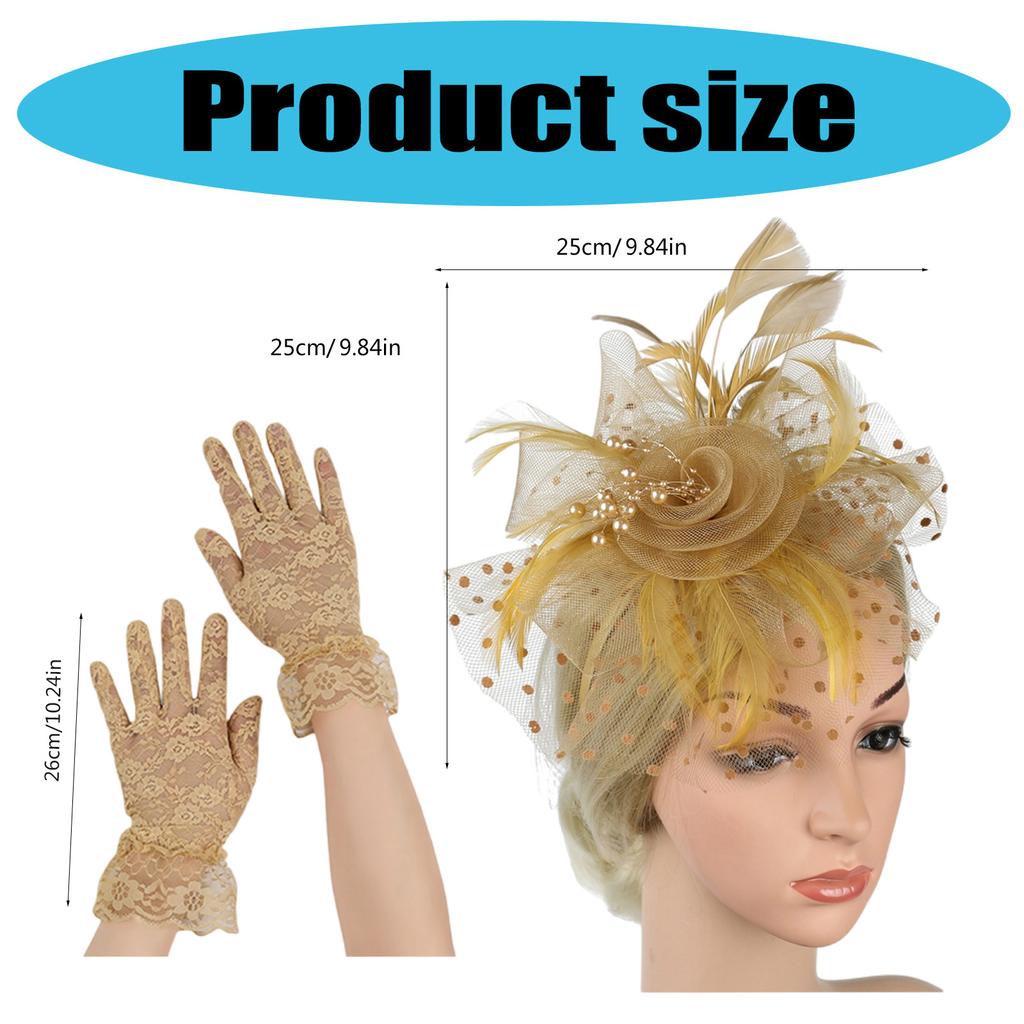 Elegant Lace Veil Fascinator Hat and Wrist Lace Gloves Set Hair Decoration for Bridal Weddings Vintage Tea Party Event