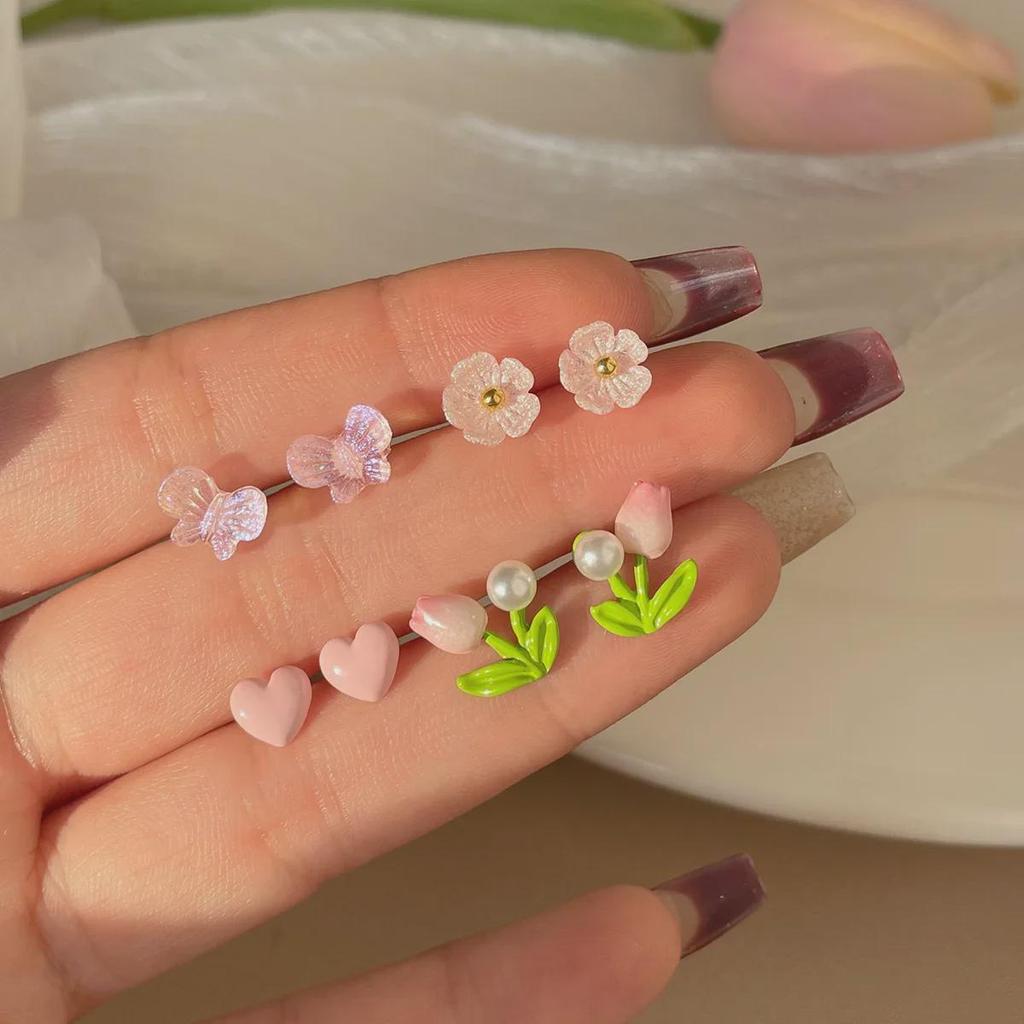 Einwöchiges Set süßer Blumen- und Schmetterlings-Harzstecker mit Silberstiften