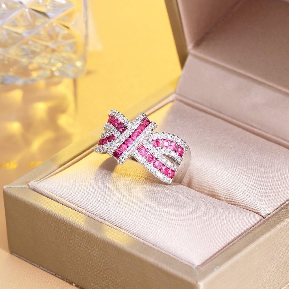 Light Luxury Bright Three-Dimensional Bow Full Diamond Opening Ring Irregular Strip Cross Zircon Ring Ring Ring