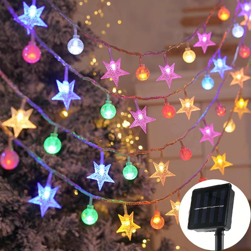Guirlande Lumineuse LED Féerique Solaire Boule de Cristal Étoile Éclairage Extérieur Étanche pour Arbre de Noël Décoration de Mariage