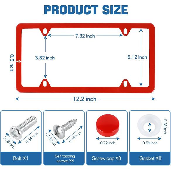 Wuyaoyao 2PCS Car License Plate Frames, 4 Holes Stainless Steel License Plate Frame, Slim License Plates Cover Holder With Screws Bolts Caps Washers,