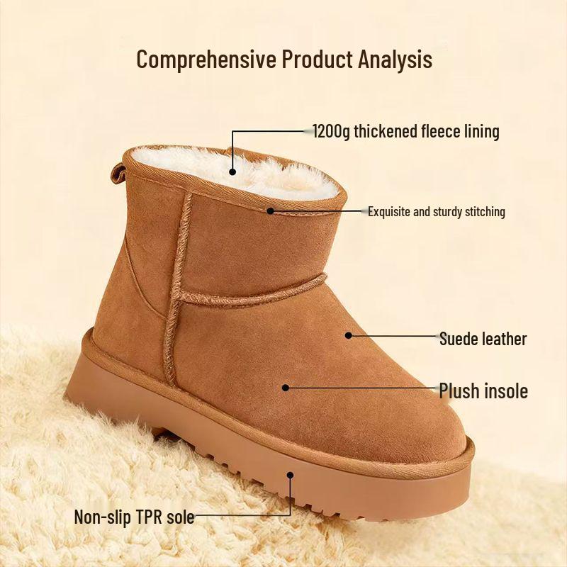 Women's Korean Style Thick Sole Hidden Heel Snow Boots: Genuine Leather, Fleece-Lined, Warm Ankle Boot for Versatile Winter Wear.