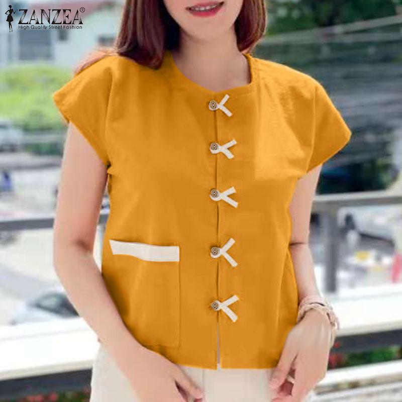 ZANZEA Kvinner Casual Rund Hals Sommer Kort Erm Bluse