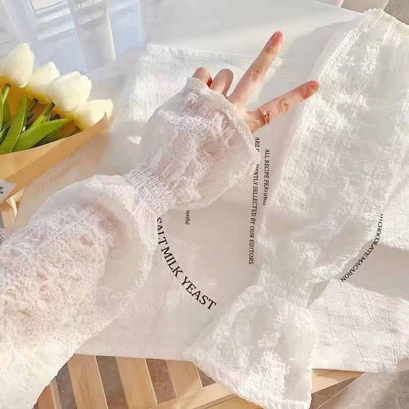 Summer Ice Silk Long Sleeves Anti-Sunburn Arm Cover Women Anti-UV Cycling Arm Sleeve Fingerless Outdoor Girl Loose Lace Sleeves