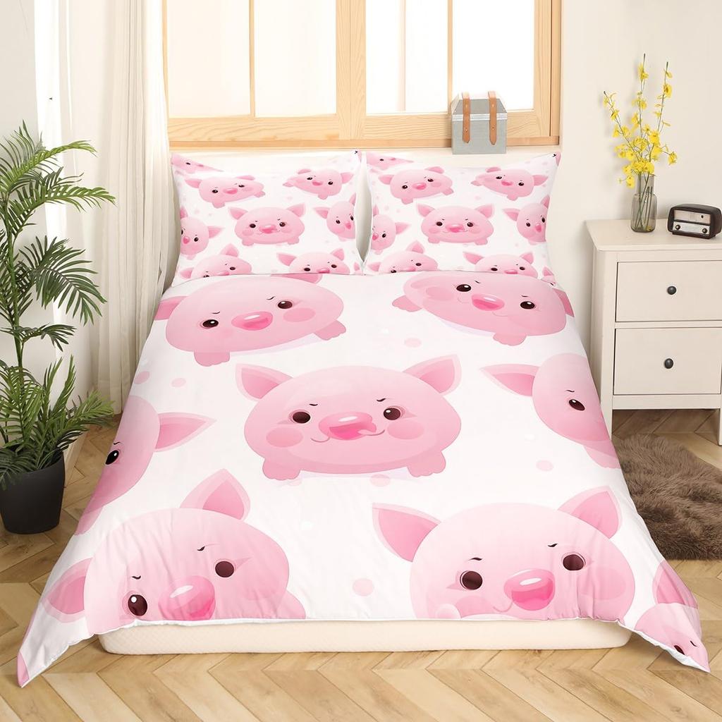 Rozā cūciņas gultas veļas komplekts King Queen Guļošas cūciņas segas pārvalks bērniem, zēniem, meitenēm, Kawaii dzīvnieku segas pārvalks ar 2 spilvendrānām