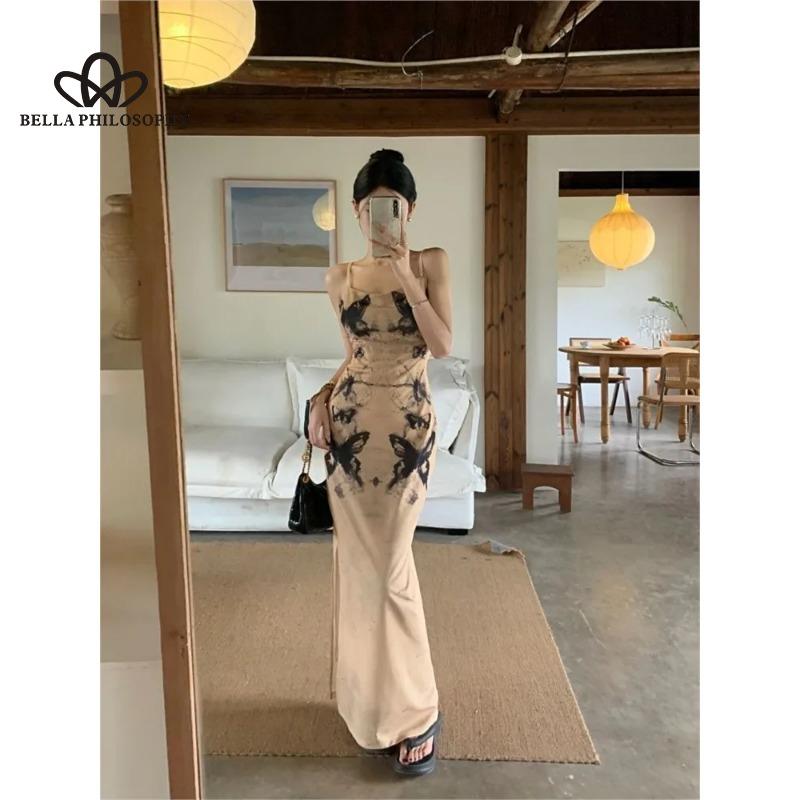 Summer French Style Design Sense Unique Ink Butterfly Print Waist Pleated Slim-fit Slim-fit A-strap Dress