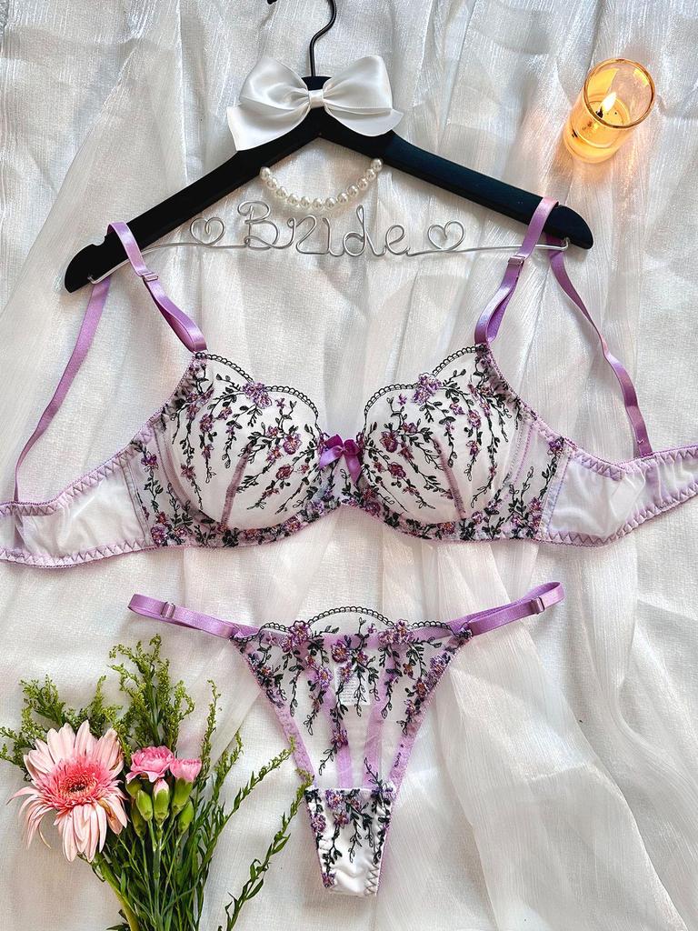Floral Embroidered See-Through Lingerie Set with Sexy Gathering Bra for Women