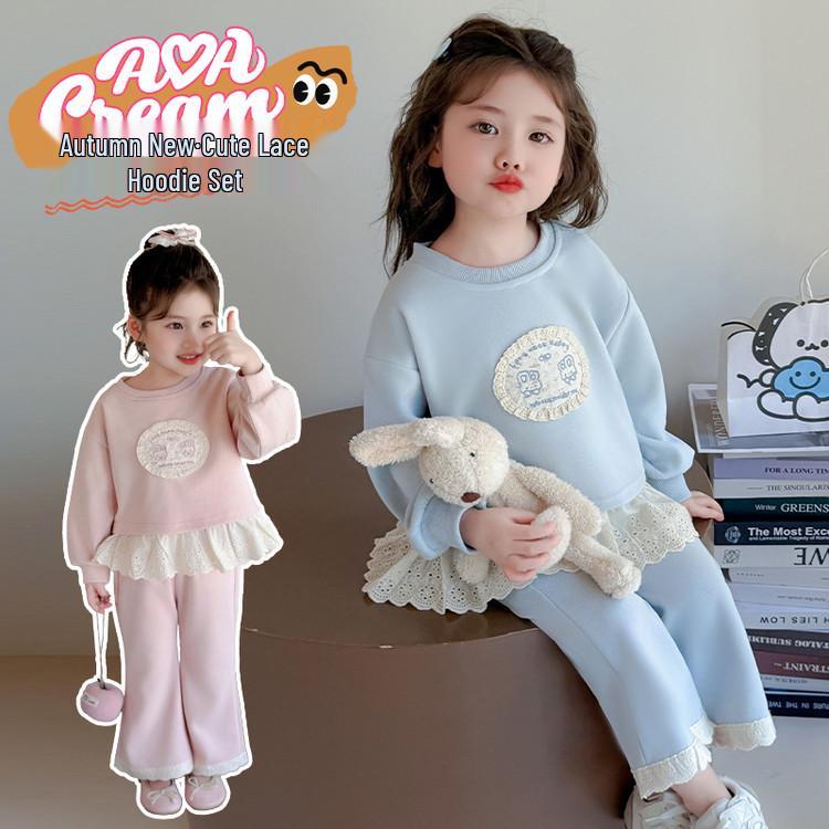 Meng Tang Tang Spring Lace Embroidery Cartoon Hoodie Two-Piece Set for Baby Girls