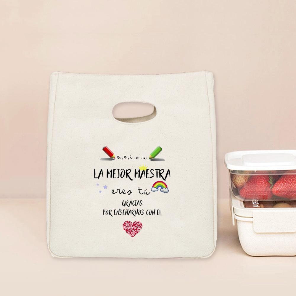 

Spanish Print Ice Cream Cooler Bags Lunch Bag Portable Insulated Canvas Tote Thermal School Foods Storage Pouch Gift for Teacher
