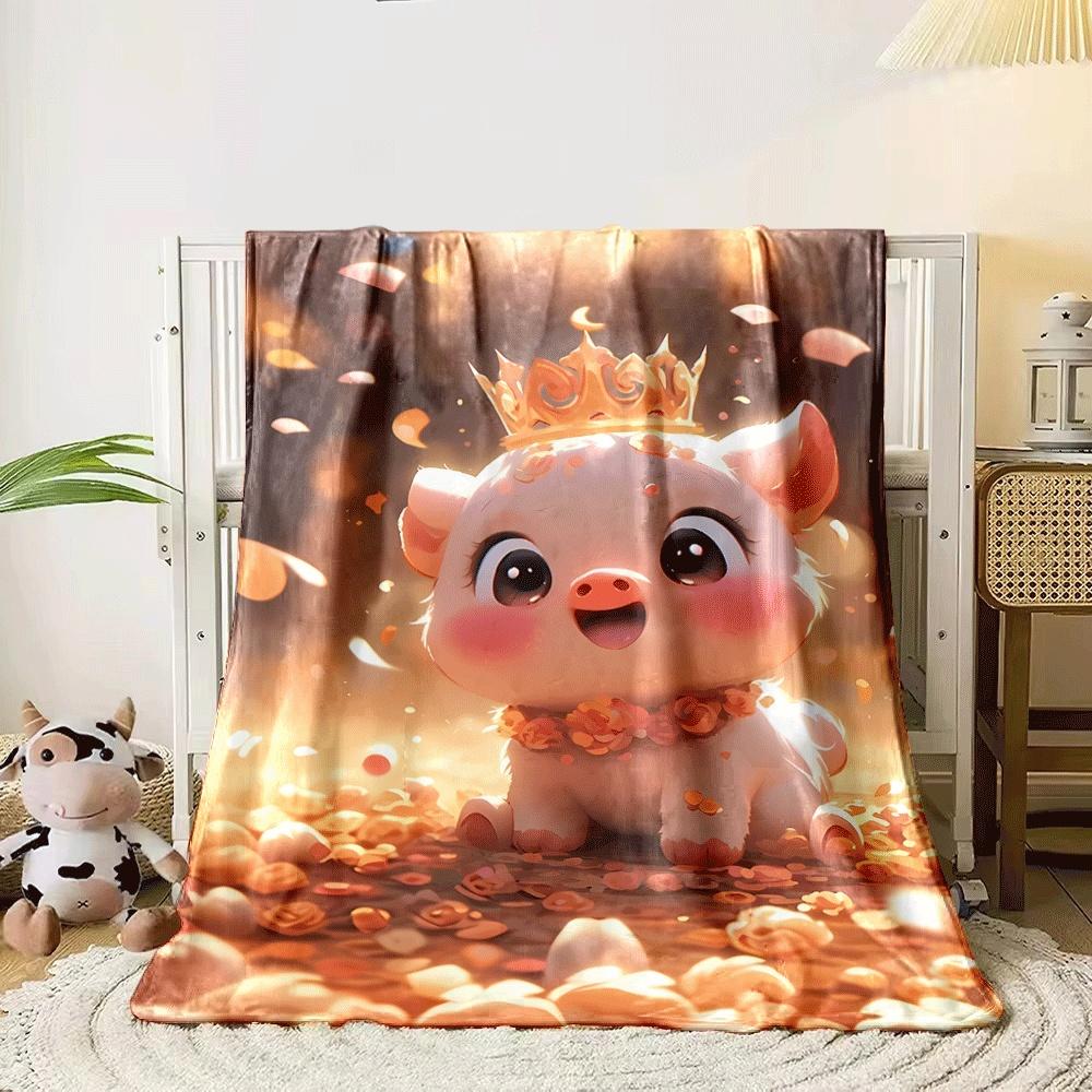 A cute piglet with a crown amidst rose petals and warm lighting. for all seasons blanket lunch break throw gift 80cm x 120cm
