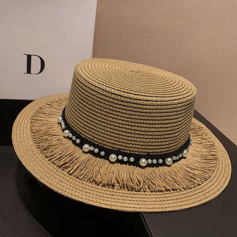New Pearl Tassel Straw Woven Flat Top Straw Hat Women's Summer Leisure Travel Vacation Outdoor Sunshade Sun Protection Hat