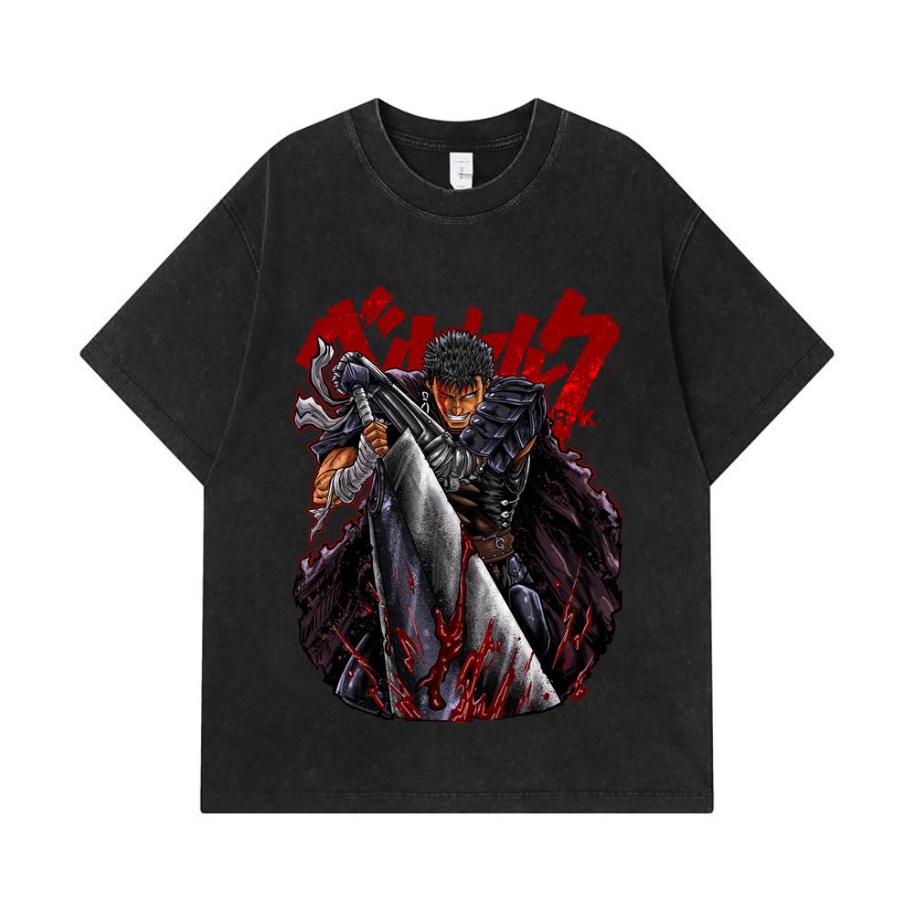 GSM Washed Tshirts Cotton Berserk V Print Unisex Heavy Cotton T Shirt