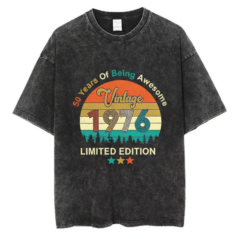 Vintage 1976 TShirt Washed Cotton 50th Birthday Graphic Tee Men Women Acid Wash Short Sleeve Retro Streetwear Shirt