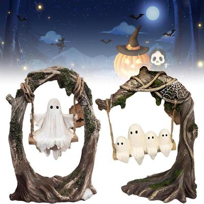 Halloween Swing Ghost Statue Resin Spooky Figurine Ghost Tree Swing Ornament Desktop Bookshelf Garden Patio Lawn Halloween Decor