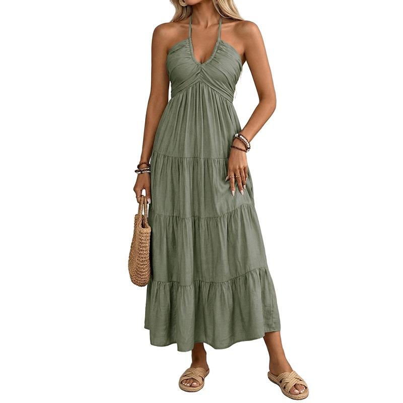 Spring and Summer European Style Solid Color Vacation Loose Fit Maxi Dress Fashion Backless