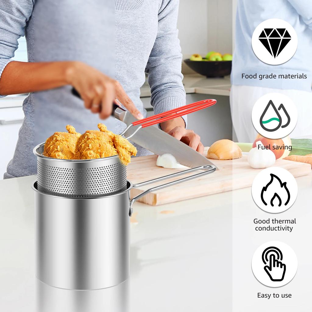 Deep Fryer Pot Stainless Steel Deep Fryer Mini Deep Oil Fryer Multifunctional Outdoor Cooking Fryer for Kitchen Camping Picnic