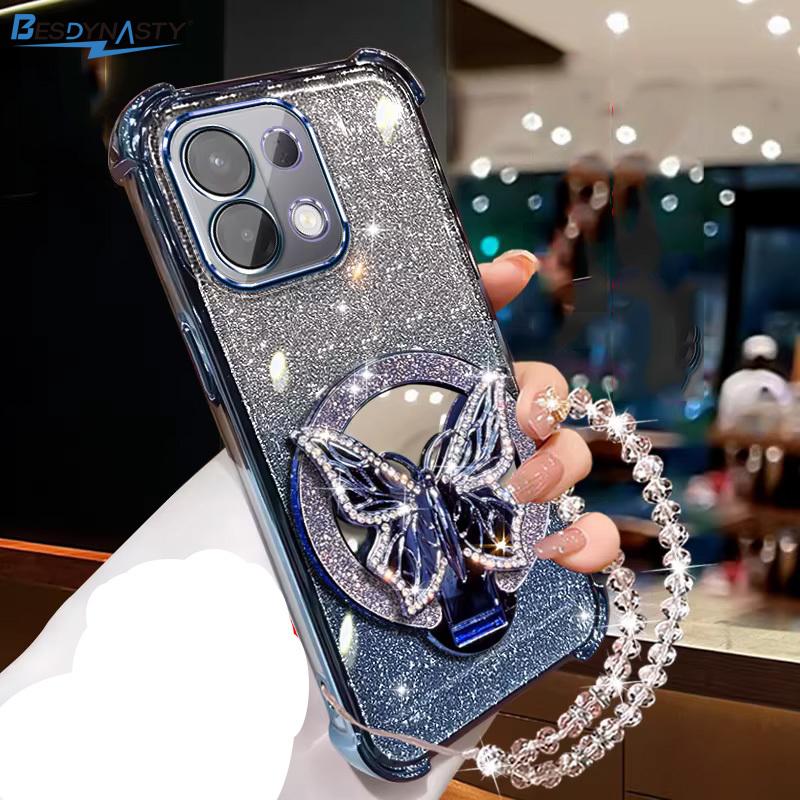 Mirror Glitter Butterfly Crystal Bracelet Case For Xiaomi 17 Pro Max 15T Pro 13T 14T Pro 15 17 Ultra Shockproof Silicone Cover