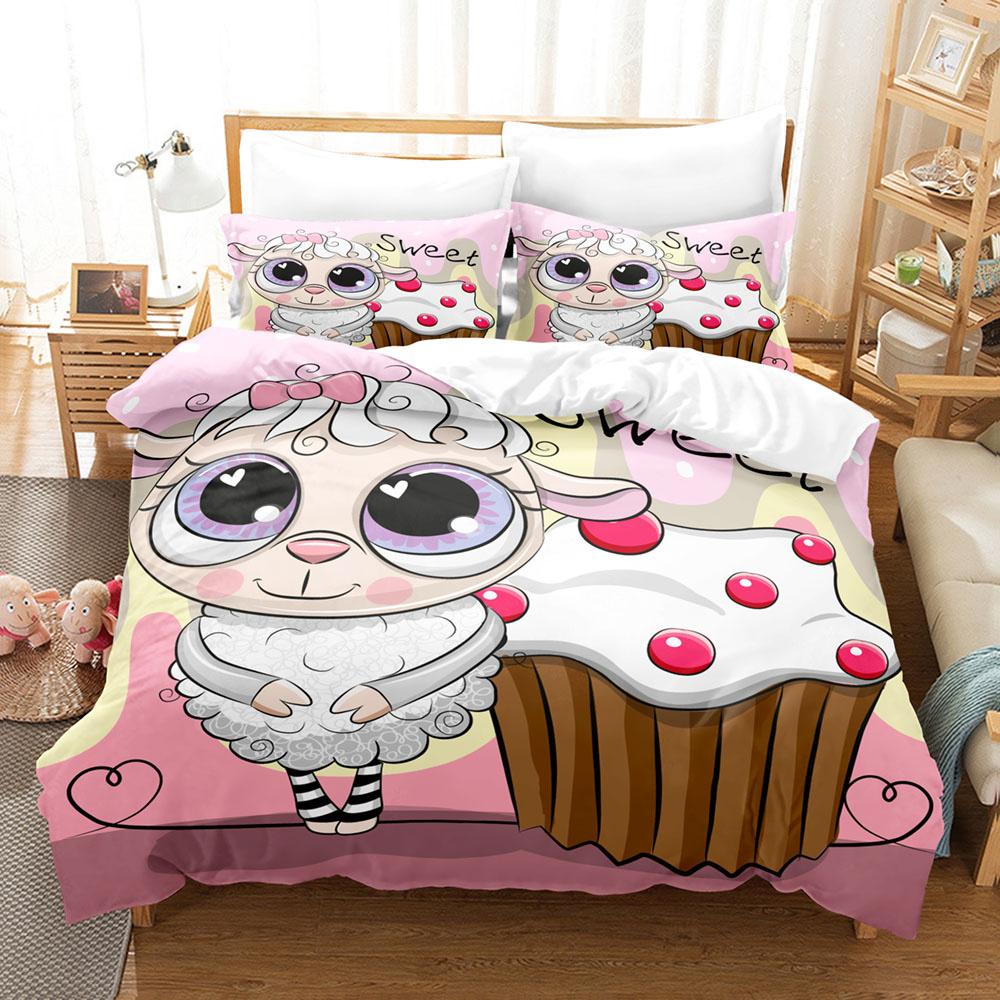Cartoon Sheep Duvet Cover Set Cute White Sheep Flowers Pattern King Queen Full Size For Kids Boy Girl Gift Polyester Bedding Set
