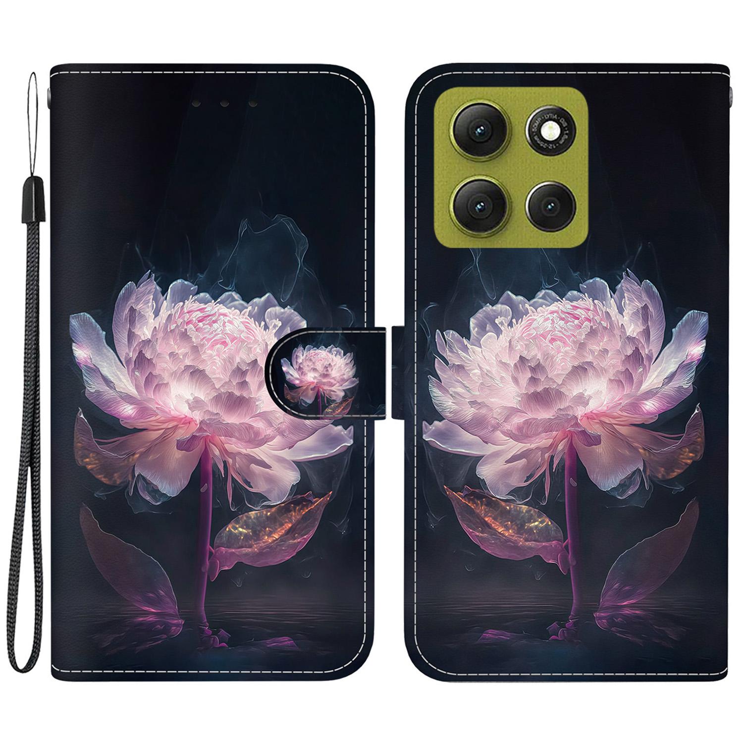 

For Motorola Moto G86 5G Wallet Phone Case Anti-Drop Pattern Printing Leather Flip Cover with Strap Purple Peony