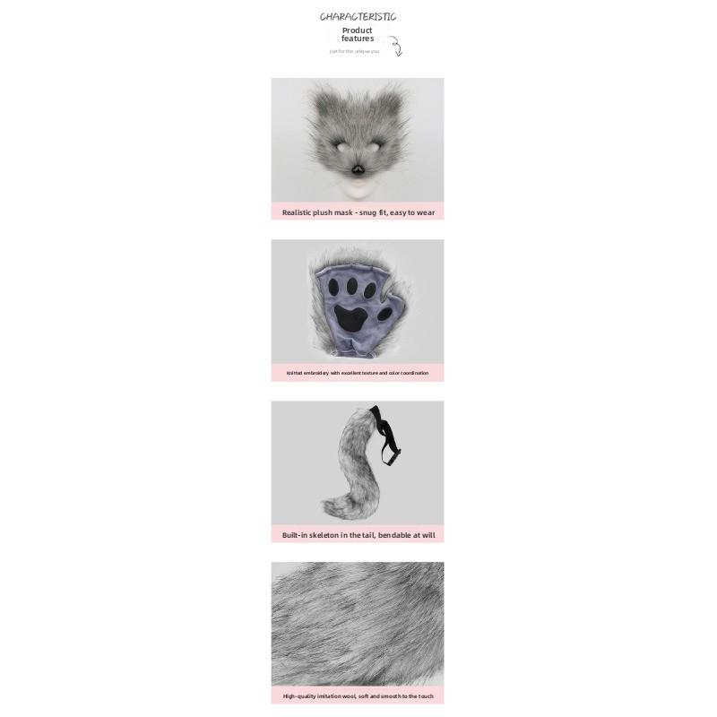 Halloween Set, Simulated Fox Mask Gloves, Plush Fox Tail, Handmade Beast Tail Cos Prop Accessories.