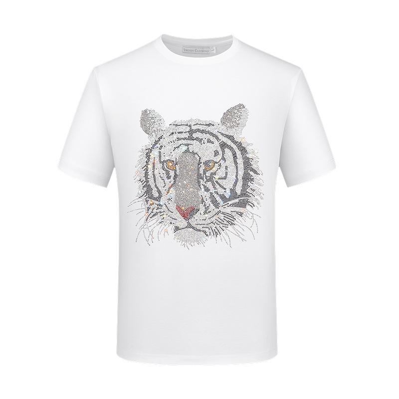 2026 Men's Slim Fit Short Sleeve T-Shirt with Rhinestone Tiger Head Design - Silk Cotton, Trendy, Plus Size Available