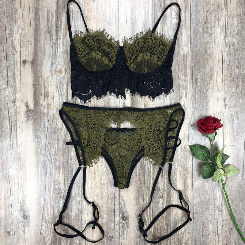 Sexy lingerie set with lace patchwork and sexy three piece lace lingerie with hollow out straps for women's lingerie set