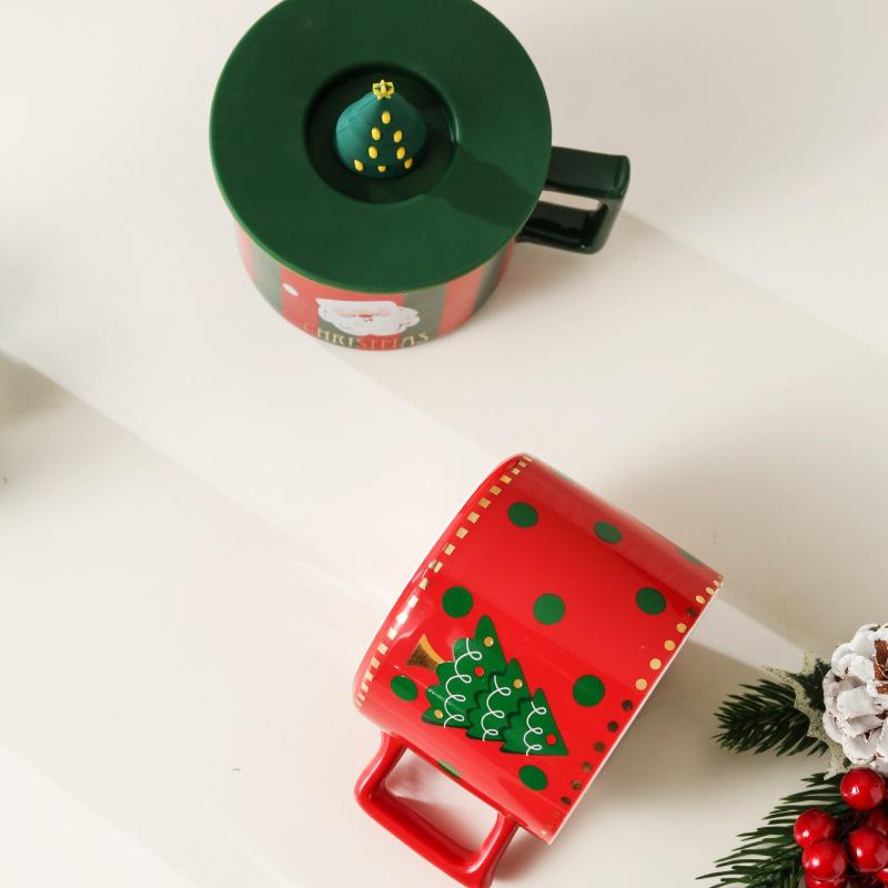 Cute Elk Christmas Ceramic Mug Set with Lid & Spoon - Perfect Holiday Gift