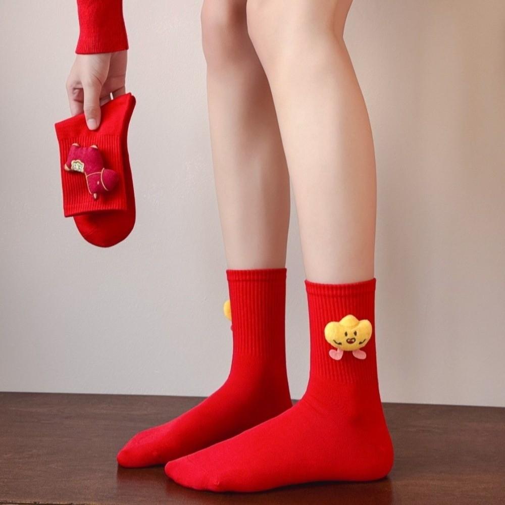 Soft Cartoon Pony New Year Tube Socks Yuanbao Comfortable Year of The Horse Socks Good Luck Mid Calf Red Cotton Socks Gift