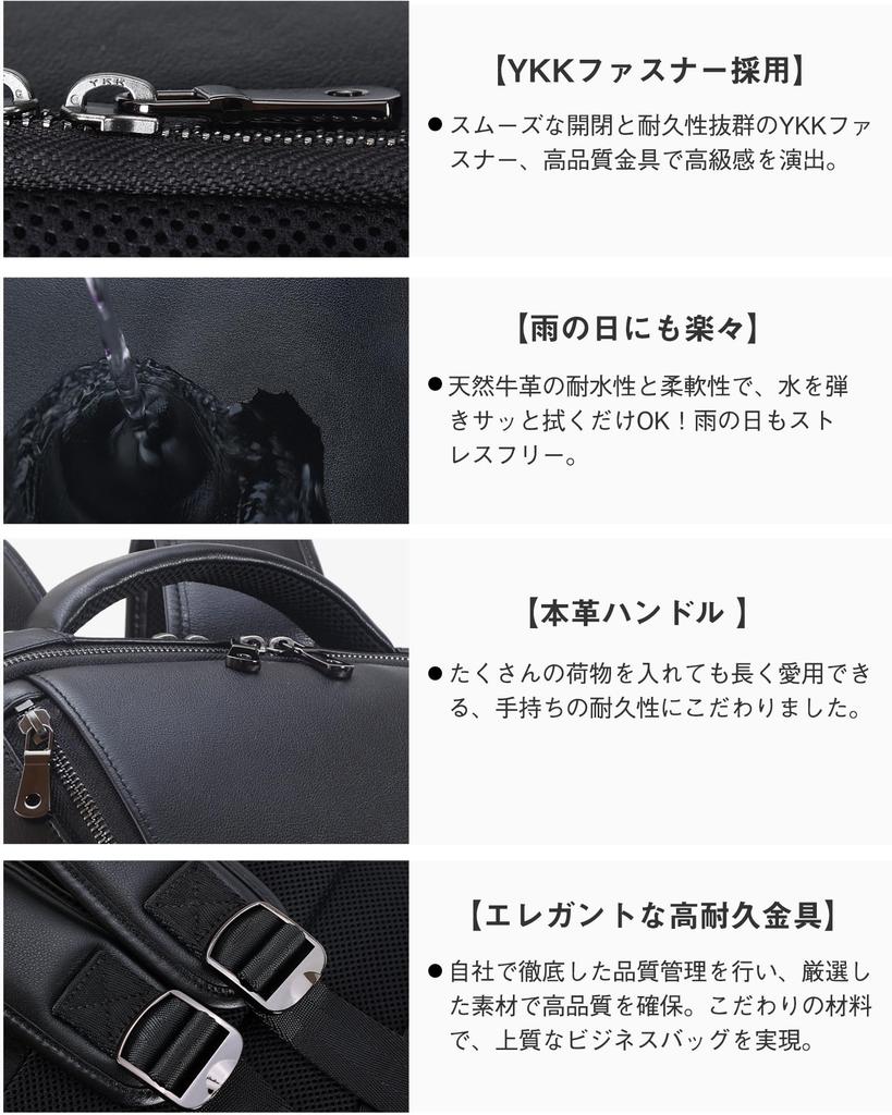 Masa Kawa Men's Genuine Leather Business Backpack, Large Capacity, Fits 15.6-inch Laptop, YKK Zippers, Waterproof, Perfect for Commuting and School,