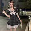 Plus Size Plaid Bow Patchwork A-Line Dress – Slimming, Waist-Cinching, College Style Mini Skirt for Women