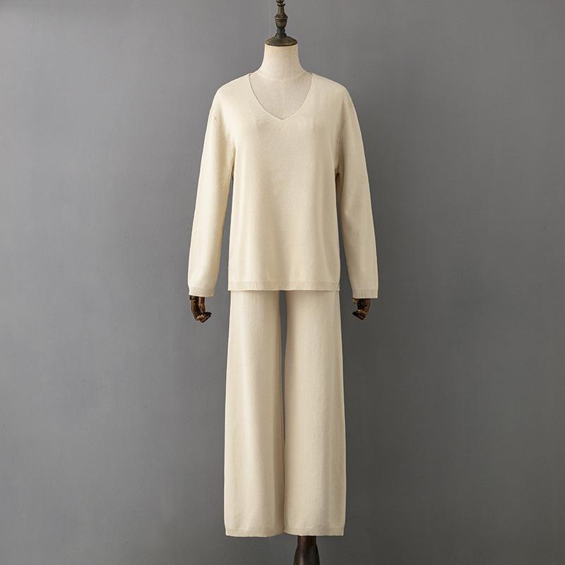 Women Spring Autumn Solid Color V Neck Ice Silk Pant Suits Relaxed High Waist Sweater Two Piece Set