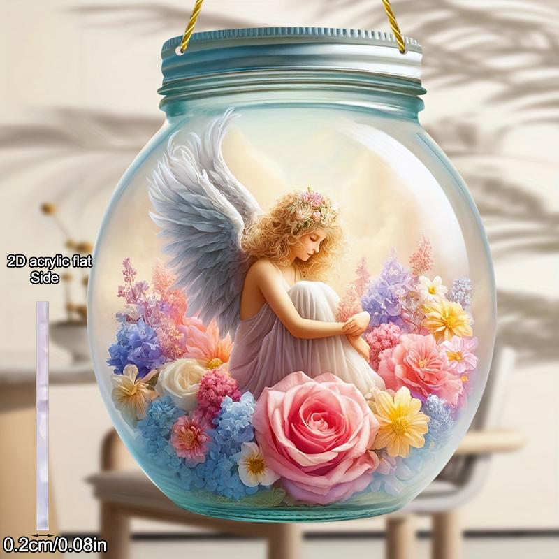 1pcs Popular Flower Fairy Angel Wall Art Hanging Home Decoration Plaque Garden Mason Jar, Colored Glass Style Sunshine Catcher, Acrylic Sign