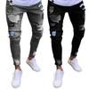 Mid-rise Button Zipper Fly Pockets Embroidery Cartoon Letter Print Men Jeans Distressed Ripped Holes Slim Fit Denim Pants