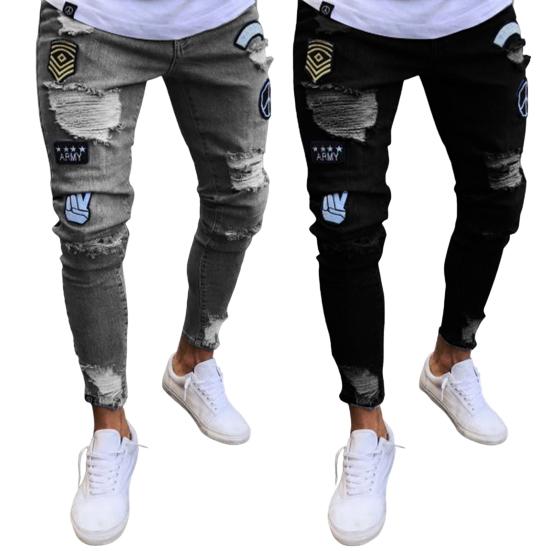 Mid-rise Button Zipper Fly Pockets Embroidery Cartoon Letter Print Men Jeans Distressed Ripped Holes Slim Fit Denim Pants