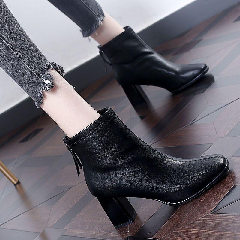 Skinny Boots Women's Martin Boots Spring and Autumn Coarse Heel Women's Boots Versatile High Heel Square Head Short Boots Women's