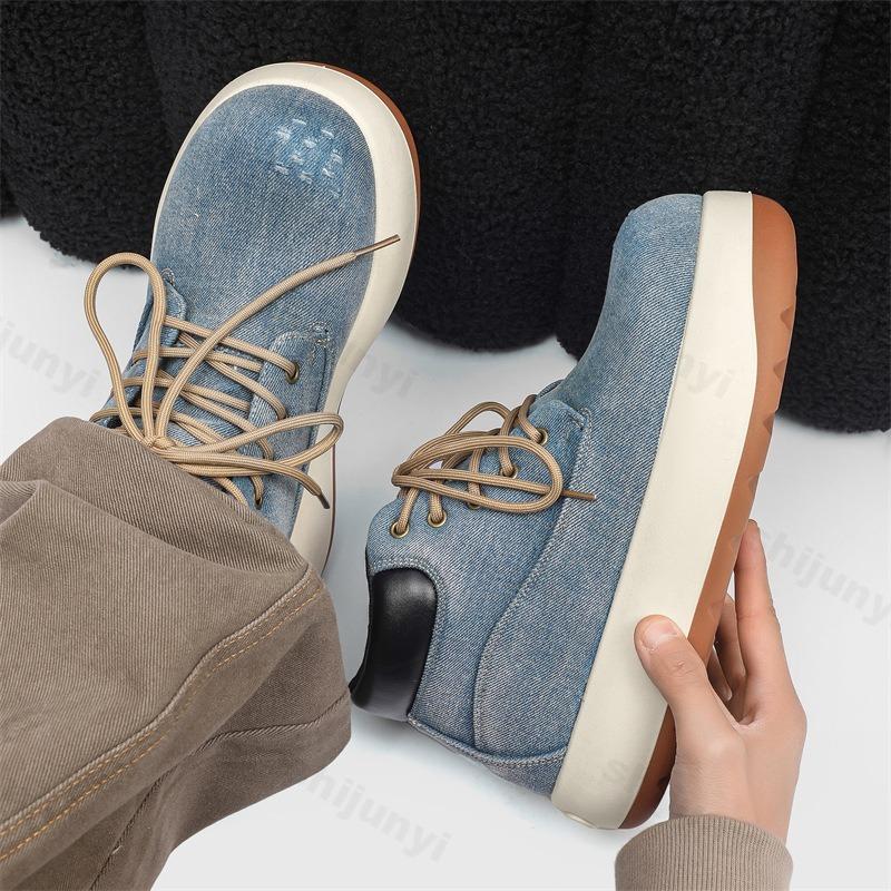 Fashion 2025 Men Niche Design Casual Boots Denim High Top Board Shoes Retro Thick Soled Height Increasing Comfortable Non slip Sneakers