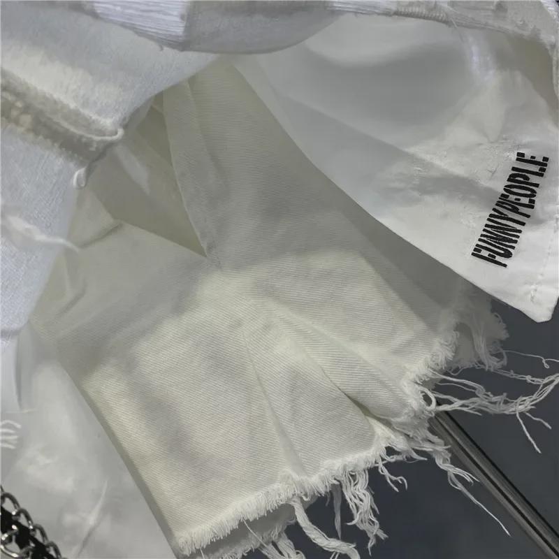 2023 Spring/Autumn White Raw Edge Irregular Denim Skirt with Anti-Exposure Holes and Pockets