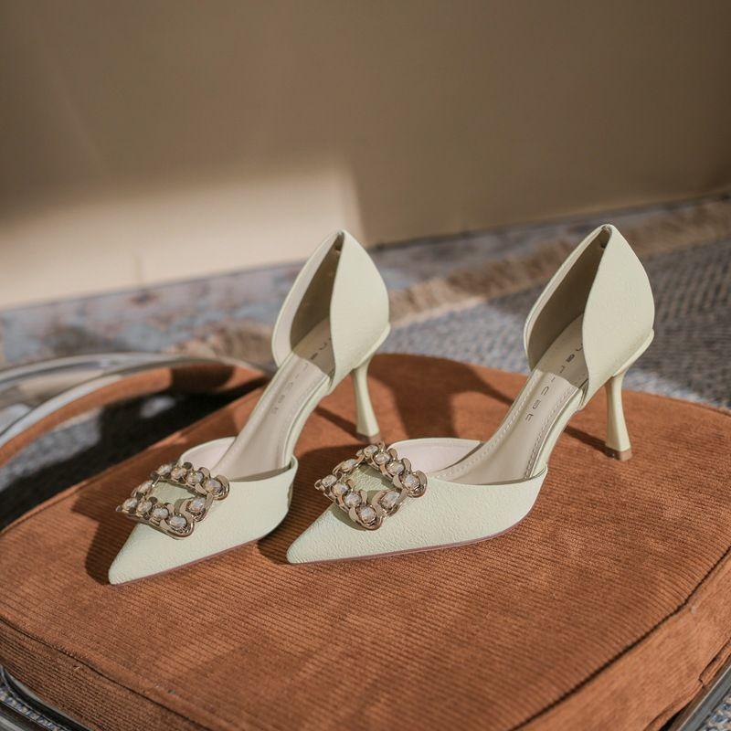 Black Small High Heels Female Cat Heel Not Tired Feet Pointed 2025 New French Rhinestone Square Buckle Hollow Shallow Mouth Spring and Summer