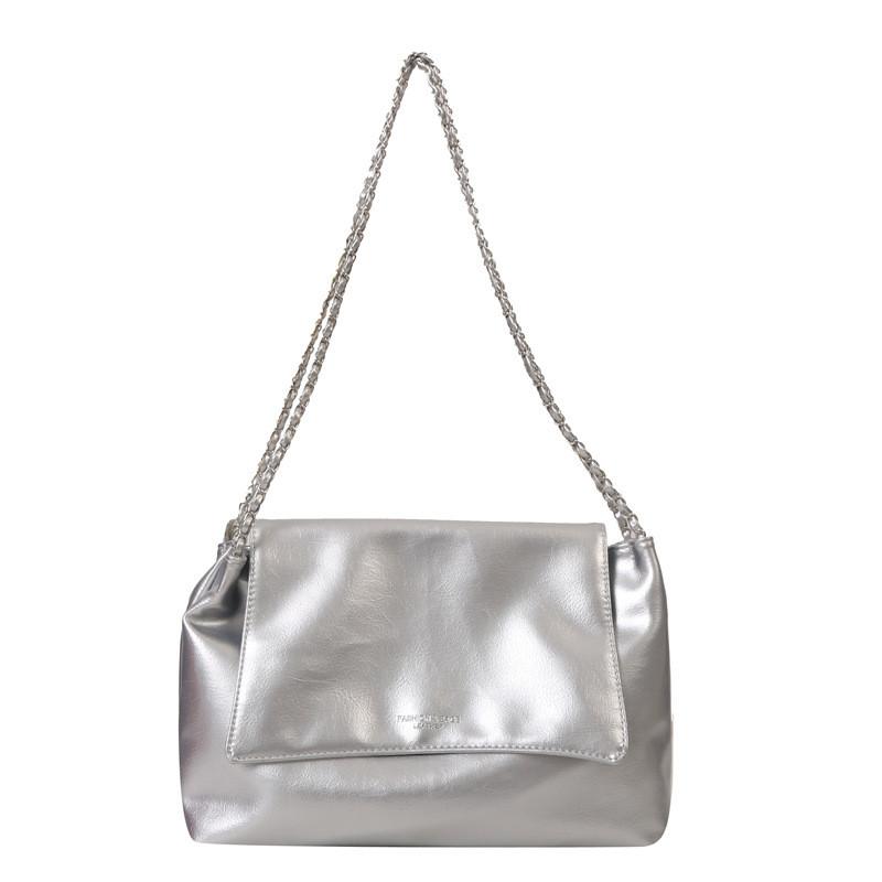 Versatile Pu Leather Medium Shoulder Bag For Women With Elegant Chain Design In Black Silver And Cream